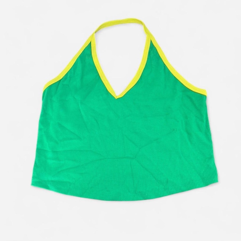 Green and yellow halter neck crop top